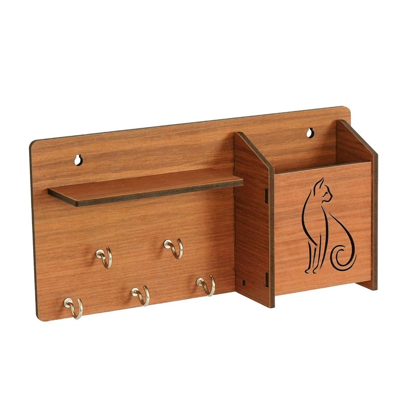 Webelkart Home Side ShelfBrown Wall Wooden Shelf Keyholder with 5 Keys Hooks - Image 1