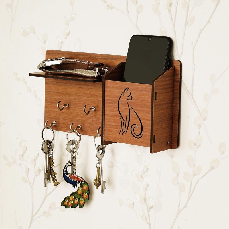 Webelkart Home Side ShelfBrown Wall Wooden Shelf Keyholder with 5 Keys Hooks - Image 2