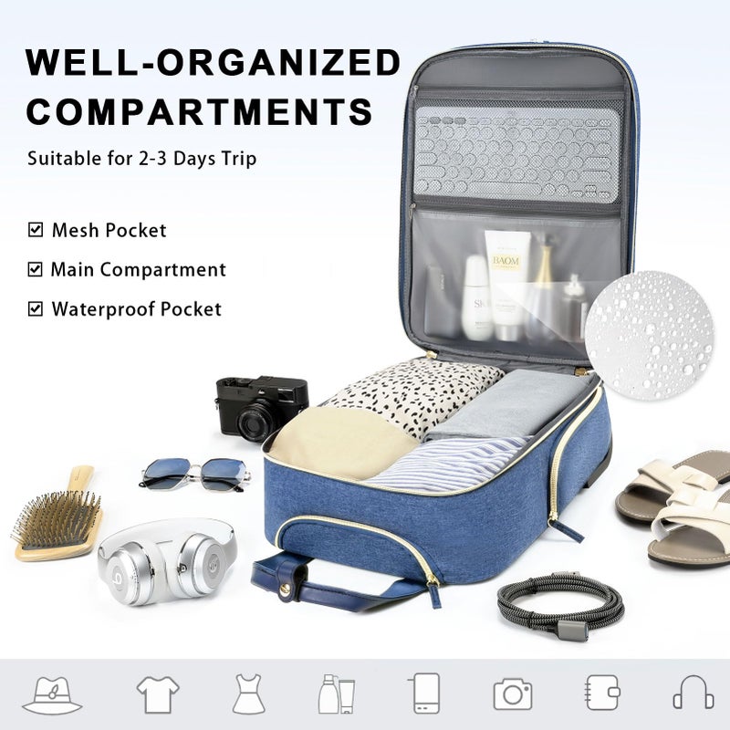 Arcoyard Underseat Carry On Luggage with Wheels, Travel Airline Approved Personal Item Bag, Multiple Compartments Carry-On with Leather Handle, Lightweight Rolling Suitcase for Women, Denim Blue, L - Image 4