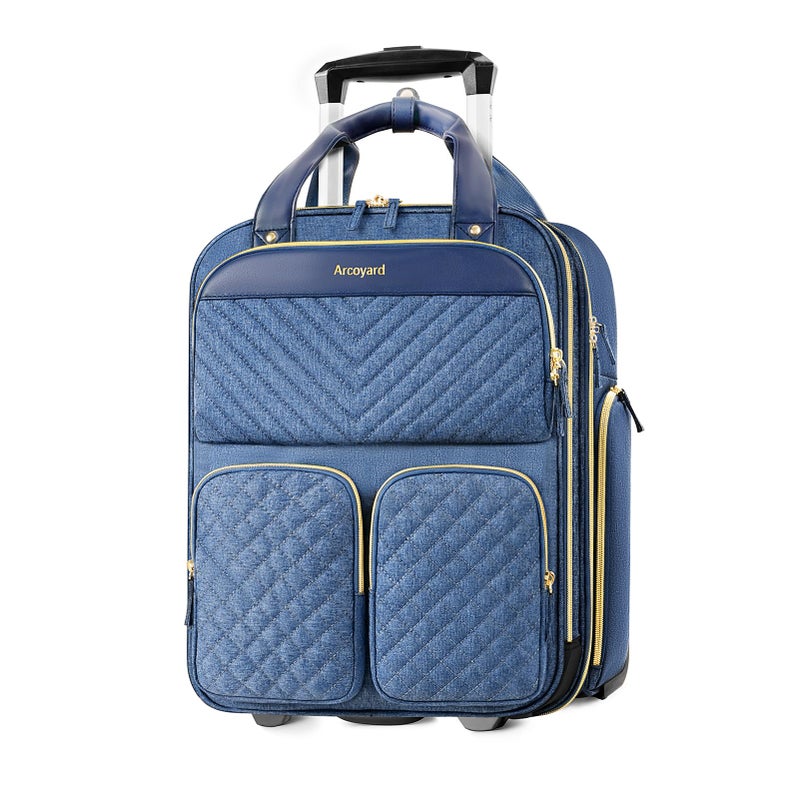 Arcoyard Underseat Carry On Luggage with Wheels, Travel Airline Approved Personal Item Bag, Multiple Compartments Carry-On with Leather Handle, Lightweight Rolling Suitcase for Women, Denim Blue, L - Image 1