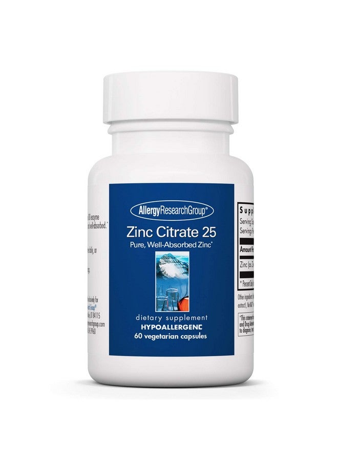 Allergy Research Group Zinc Citrate Supplement - 25mg Zinc for Men & Women, Immune Support, Pure, Well-Absorbed, Well-Tolerated, Trace Mineral, Vegetarian Capsules - 60 Count - Image 1