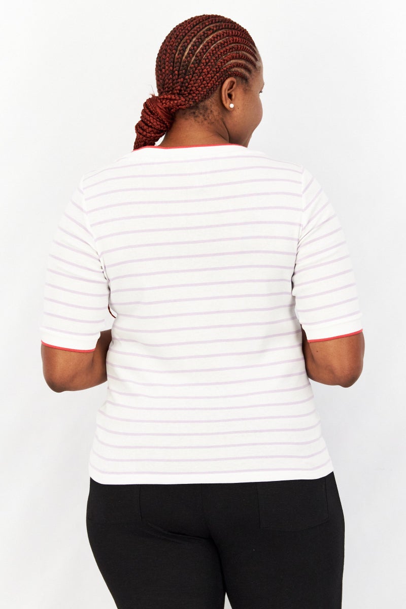 ESPRIT Women Round Neck Short Sleeve Striped T-Shirt, White Combo - Image 3