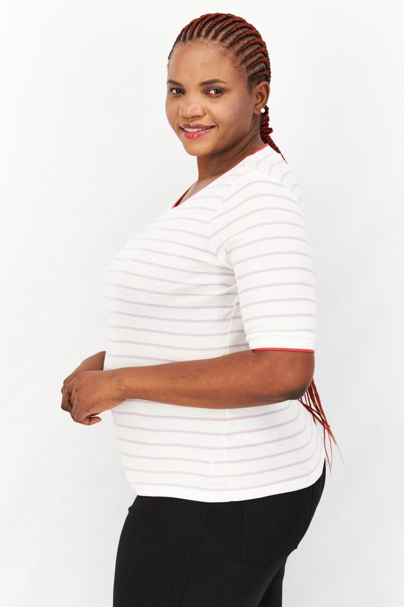 ESPRIT Women Round Neck Short Sleeve Striped T-Shirt, White Combo - Image 2