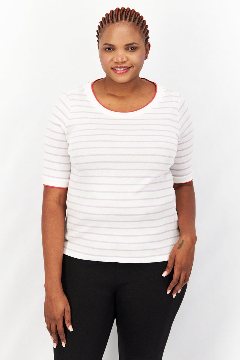 ESPRIT Women Round Neck Short Sleeve Striped T-Shirt, White Combo - Image 1