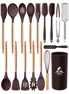 MIBOTE 17 Pcs Silicone Cooking Kitchen Utensils Set with Holder, Wooden Handles BPA Free Non Toxic Silicone Turner Tongs Spatula Spoon Kitchen Gadgets Utensil Set for Nonstick Cookware (Coffee) - pzsku/Z3FA5F155557A41364EEBZ/45/_/1693220075/d171ea69-07f6-41d2-a68f-269f2186ad97