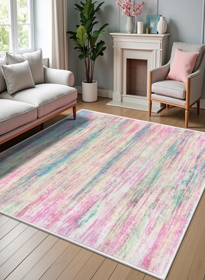 KOZYFLY Pink Nursery Rug for Baby Girl, Washable Area Rugs 5x7 for Kids Bedroom Dorm Playroom, Non-Slip Faux Wool Soft Low Pile Living Room Rug for Dining Room, Kitchen Bathroom - Image 2