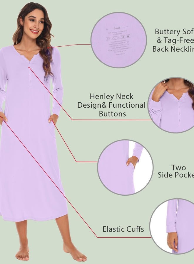 Wiwi Nightgowns for Women Soft Sleepwear Long Sleeve Nightshirts Pajamas Gown Viscose from Bamboo Pjs S-XXL, Taro Purple, Large - Image 4