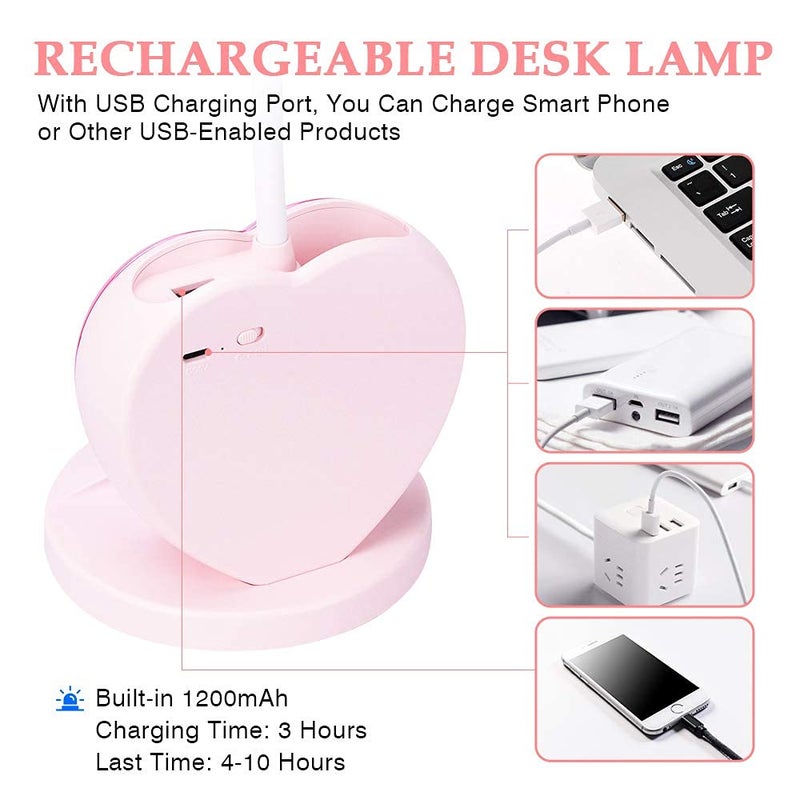 Kresal Rechargeable LED Desk Lamp with USB Charging Port Pen Holder Eye Caring Dimmable Table Lamp with 2 Color Modes Multifunctional Small Desk Light 360Flexible for Kids Girls Teens - Image 3