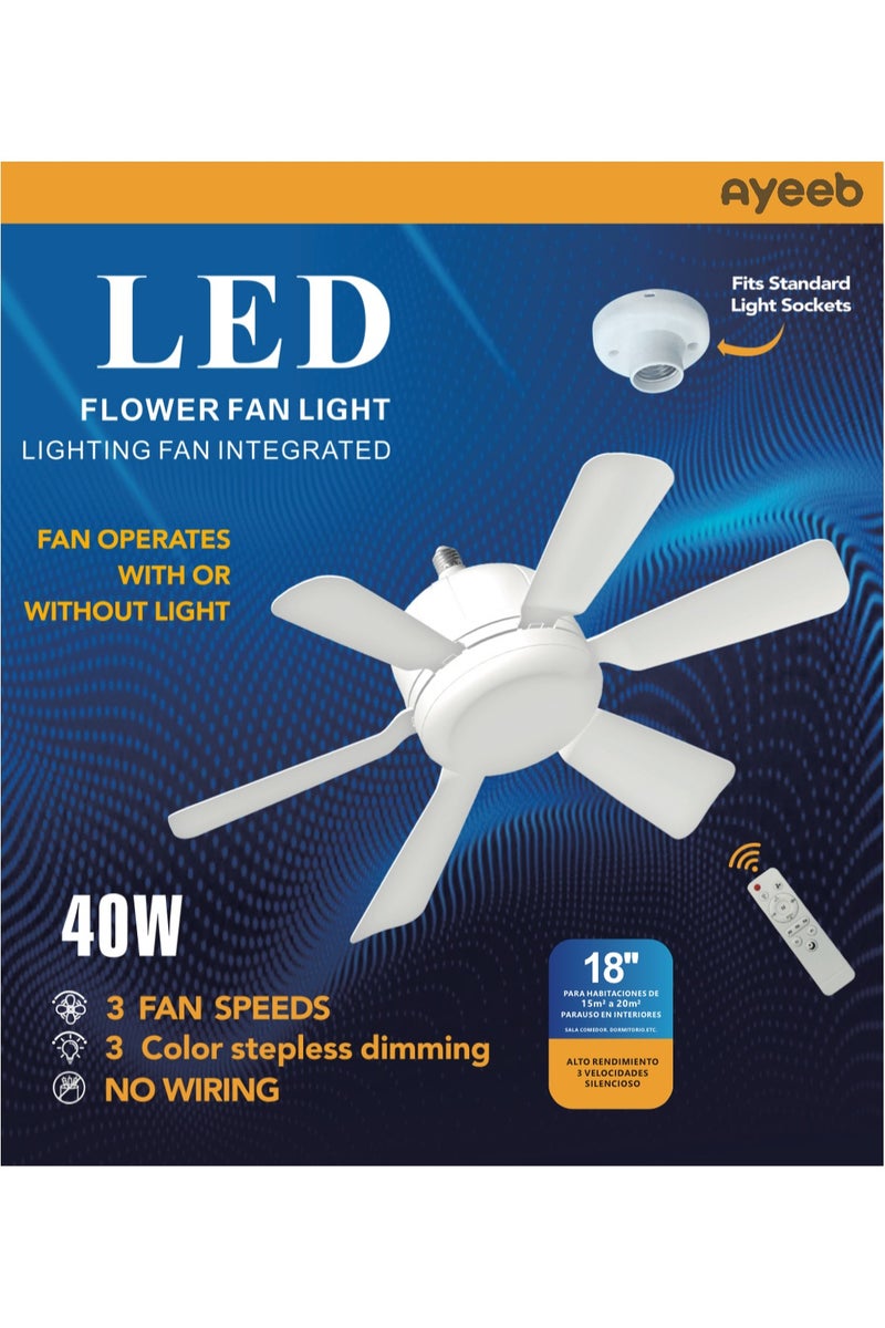Ayeeb 18 Inch Ceiling Fan with Light, LED Flower Lamp Bulb 3CCT 40W Dimmable Light, E27 Base Easy Screw Mount, Portable Detachable 6 Blades 85V-265V World Travel Use, Chill Windy Smart Remote Control & Wall Switch, Breeze to Strong 3 Modes Cool Wind Adjustable Speed, 2H/4H Timing, CE certificate EU Standard Energy Saving, For Children's Room, Kitchen and more (Colorful Petal) - Image 3