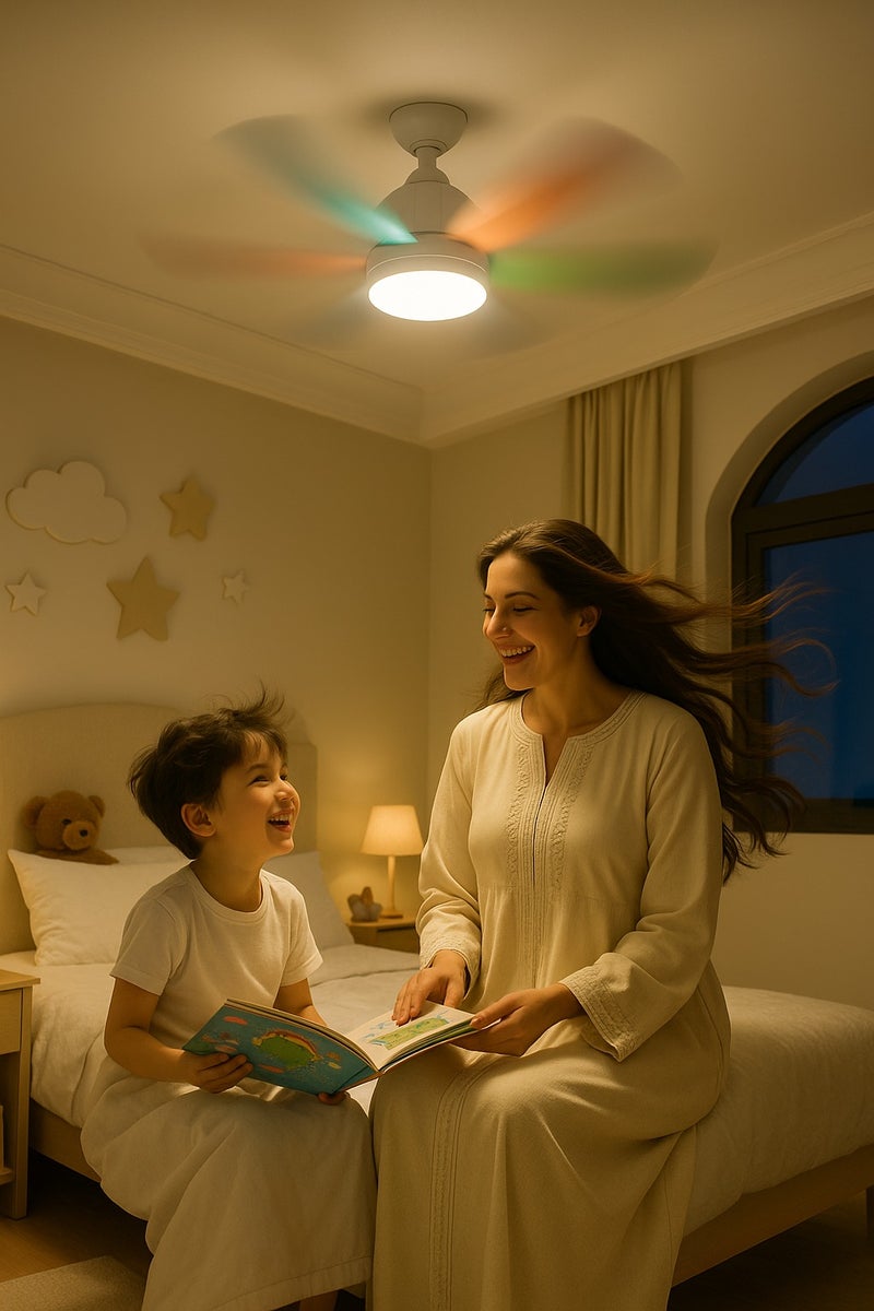 Ayeeb 18 Inch Ceiling Fan with Light, LED Flower Lamp Bulb 3CCT 40W Dimmable Light, E27 Base Easy Screw Mount, Portable Detachable 6 Blades 85V-265V World Travel Use, Chill Windy Smart Remote Control & Wall Switch, Breeze to Strong 3 Modes Cool Wind Adjustable Speed, 2H/4H Timing, CE certificate EU Standard Energy Saving, For Children's Room, Kitchen and more (Colorful Petal) - Image 2