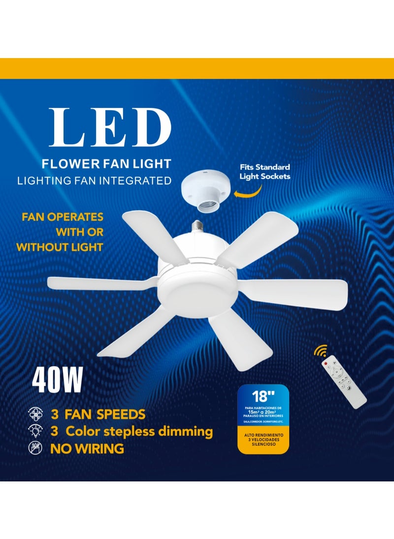 Ayeeb - Portable Ceiling Fan with Light 40W LED Flower Lamp Bulb 3CCT Dimmable, E27 Screw Easy Mount, Colorful Detachable 6 Blades 85V-265V World Travel Use,Smart Remote Control & Wall Switch 3 Wind Speed, 2H/4H Timing - Image 1