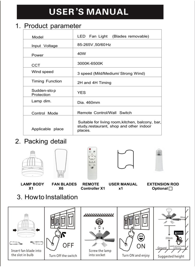Ayeeb - Portable Ceiling Fan with Light 40W LED Flower Lamp Bulb 3CCT Dimmable, E27 Screw Easy Mount, Colorful Detachable 6 Blades 85V-265V World Travel Use,Smart Remote Control & Wall Switch 3 Wind Speed, 2H/4H Timing - Image 1