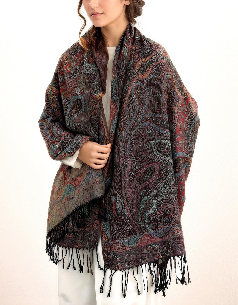 Achillea Soft Silky Reversible Paisley Pashmina Shawl Wrap Scarf w/Fringes (Tapestry Black) - Image 3