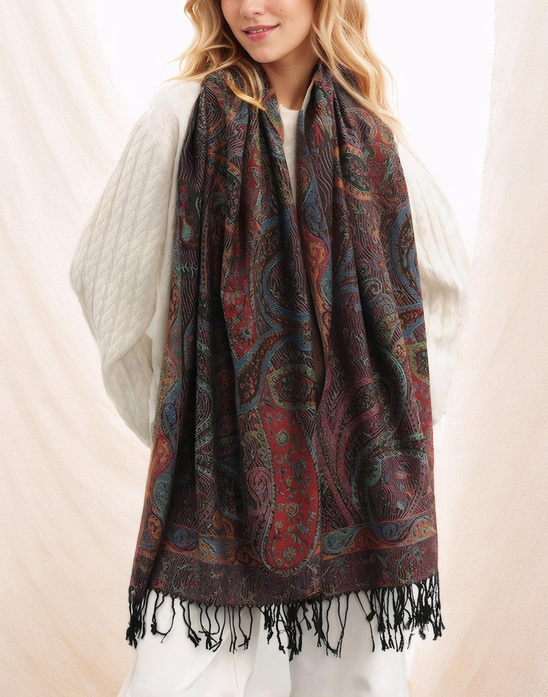 Achillea Soft Silky Reversible Paisley Pashmina Shawl Wrap Scarf w/Fringes (Tapestry Black) - Image 2