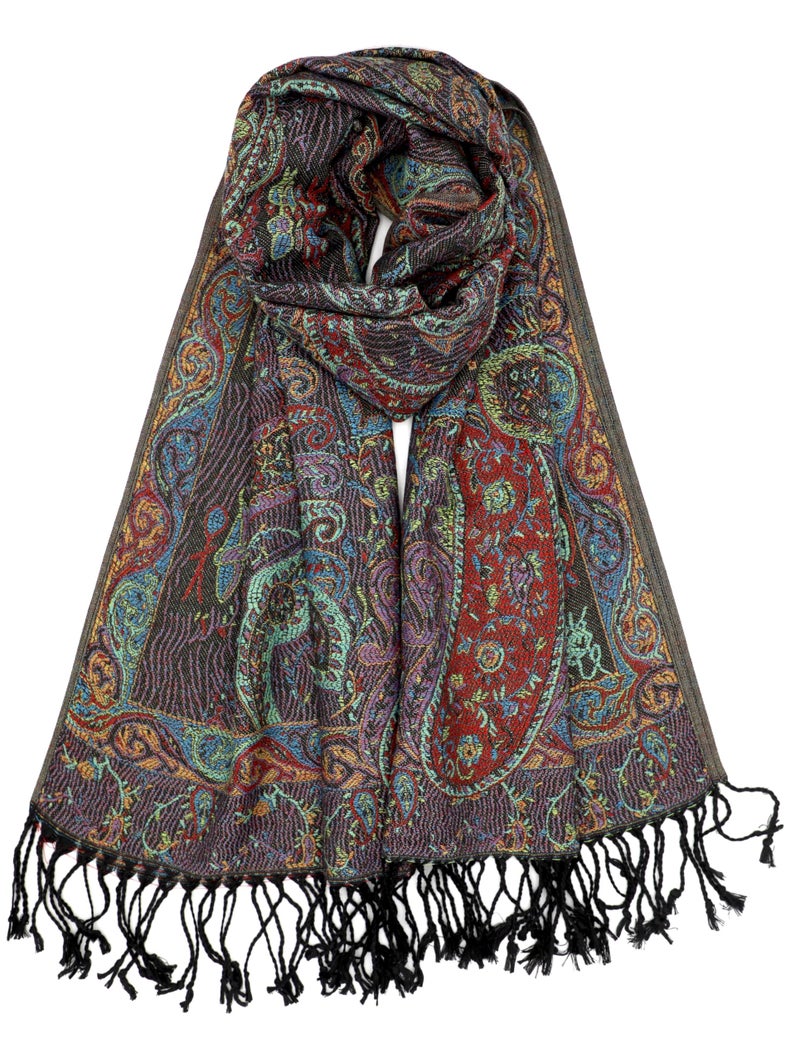 Achillea Soft Silky Reversible Paisley Pashmina Shawl Wrap Scarf w/Fringes (Tapestry Black) - Image 1