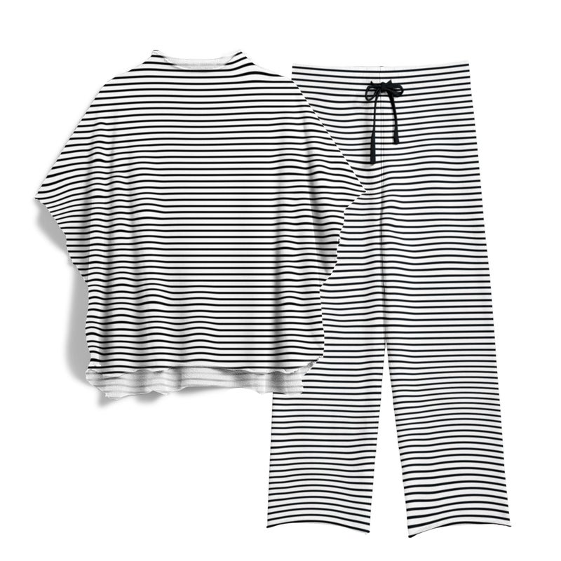 SeeLuNa Women's Two Piece Outfits 3/4 Batwing Sleeve Capelet Crew Neck Pullover Top Wide Leg Pants Lounge Set(Stripe-Black,XL) - Image 1