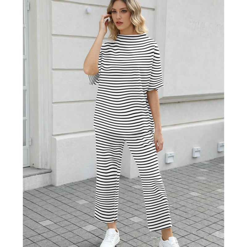 SeeLuNa Women's Two Piece Outfits 3/4 Batwing Sleeve Capelet Crew Neck Pullover Top Wide Leg Pants Lounge Set(Stripe-Black,XL) - Image 5