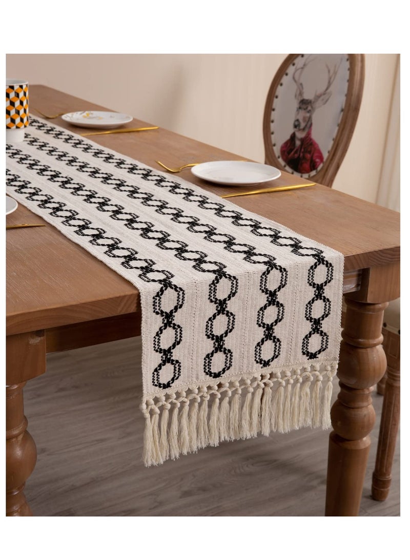 SOLARAE Farmhouse Table Runners 72 Inches Long Braided Stripe Boho Design,Black and White with Tassels - Perfect for Dining, Coffee, and End Tables (13x72) - Image 1