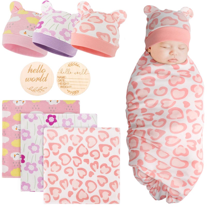DRESHOW BQUBO Cotton Baby Swaddle Hat Set Newborn Infant Receiving Blankets with Bear Ears Hat Wooden Birth Announcement Card Newborn Unisex Swaddle Wrap Sets Warm Shower Gift - Image 2