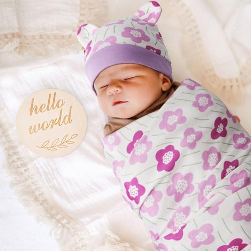 DRESHOW BQUBO Cotton Baby Swaddle Hat Set Newborn Infant Receiving Blankets with Bear Ears Hat Wooden Birth Announcement Card Newborn Unisex Swaddle Wrap Sets Warm Shower Gift - Image 3