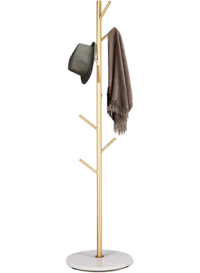 Metal Coat Rack with Natural Marble Base, Modern Coat Rack Freestanding, Sturdy Coat Tree Stand, Hall Tree for Jacket Hat Bag Entryway,Gold rod with white base - Image 1