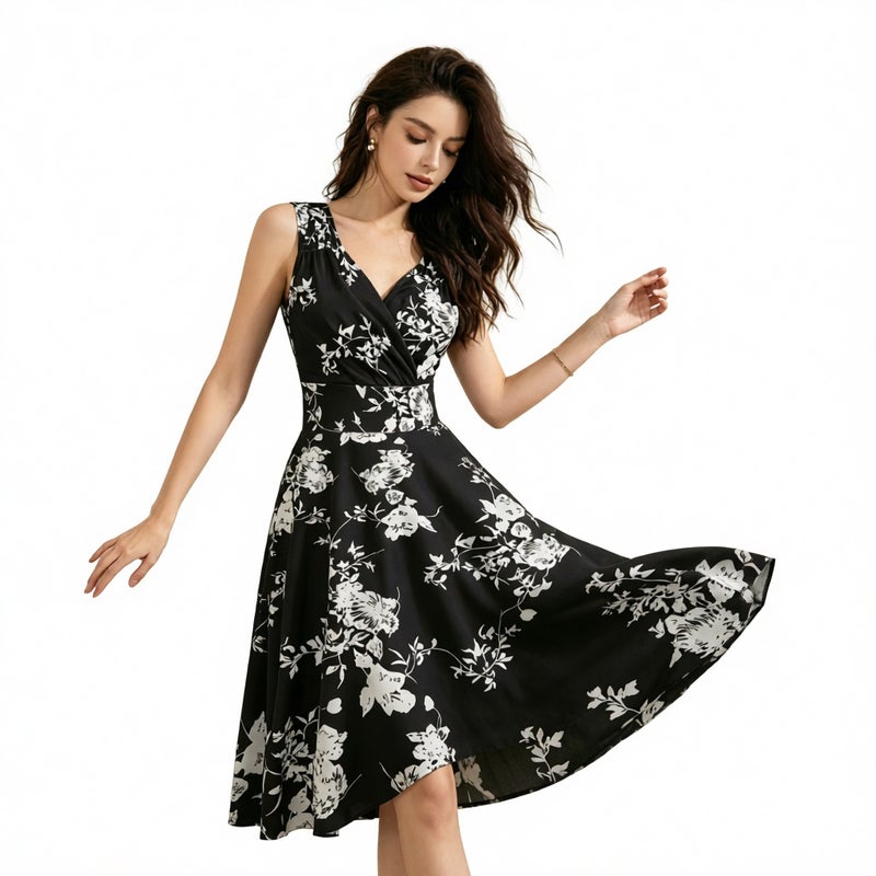 Vintage Print Stretch Sleeveless Dress - Image 1