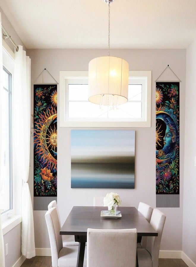 AHANDMAKER 2pcs Sun & Moon Tapestry, Psychedelic Mystic Floral Long Vertical Wall Hanging, Vintage Plant Tassel Wall Art for Bedroom & Living Room, 45.7x13Inch - Image 2