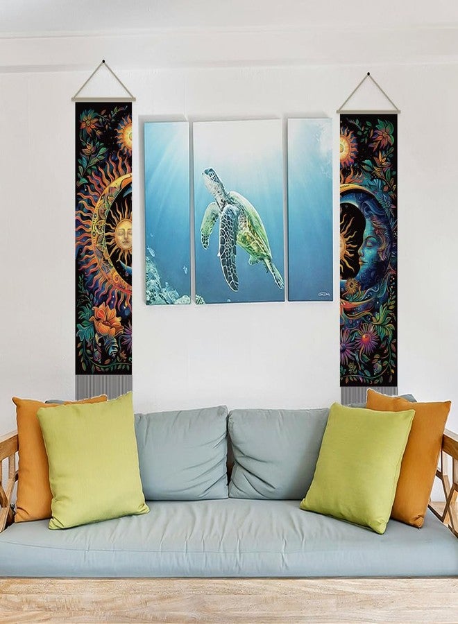 AHANDMAKER 2pcs Sun & Moon Tapestry, Psychedelic Mystic Floral Long Vertical Wall Hanging, Vintage Plant Tassel Wall Art for Bedroom & Living Room, 45.7x13Inch - Image 5