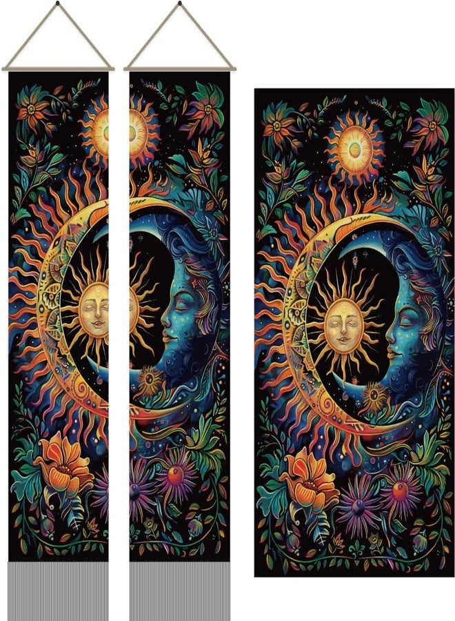 AHANDMAKER 2pcs Sun & Moon Tapestry, Psychedelic Mystic Floral Long Vertical Wall Hanging, Vintage Plant Tassel Wall Art for Bedroom & Living Room, 45.7x13Inch - Image 1