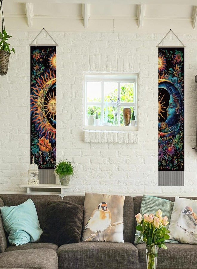 AHANDMAKER 2pcs Sun & Moon Tapestry, Psychedelic Mystic Floral Long Vertical Wall Hanging, Vintage Plant Tassel Wall Art for Bedroom & Living Room, 45.7x13Inch - Image 4