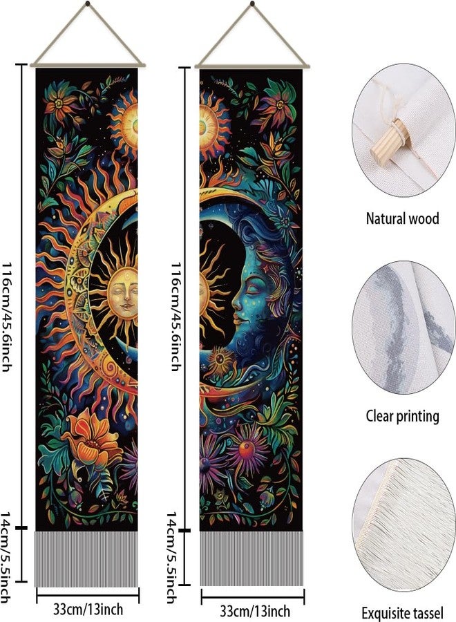 AHANDMAKER 2pcs Sun & Moon Tapestry, Psychedelic Mystic Floral Long Vertical Wall Hanging, Vintage Plant Tassel Wall Art for Bedroom & Living Room, 45.7x13Inch - Image 3