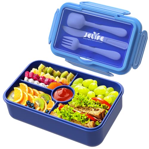 Jelife Bento Lunch Box for Kids  Leakproof Large BentoStyle with 4 Compartments Portions Lunchbox with Tableware Back to School Reusable OntheGo Meal and Snack Packing Blue