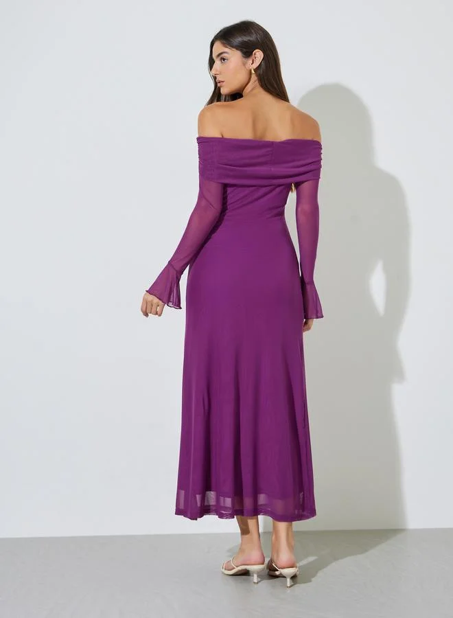 Styli  Purple Solid Off Shoulder Neck Mesh Bodycon Maxi Dress for Women | Best Price UAE