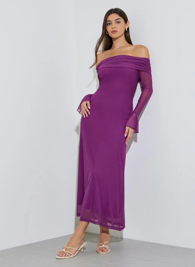 Purple Solid Off Shoulder Neck Mesh Bodycon Maxi Dress