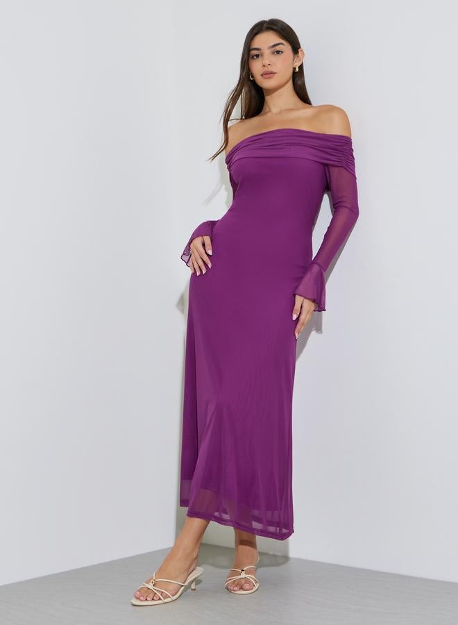 Styli Purple Solid Off Shoulder Neck Mesh Bodycon Maxi Dress - Image 1
