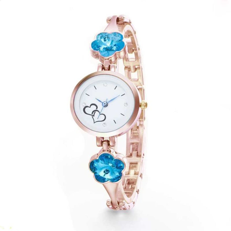 Acnos Stainless Steel Premium For Women White Dial Rose Gold Skyblue Flower Stone Studded Strap Bracelet Watch Gift Analog Watch Pack Of 1 - Image 2