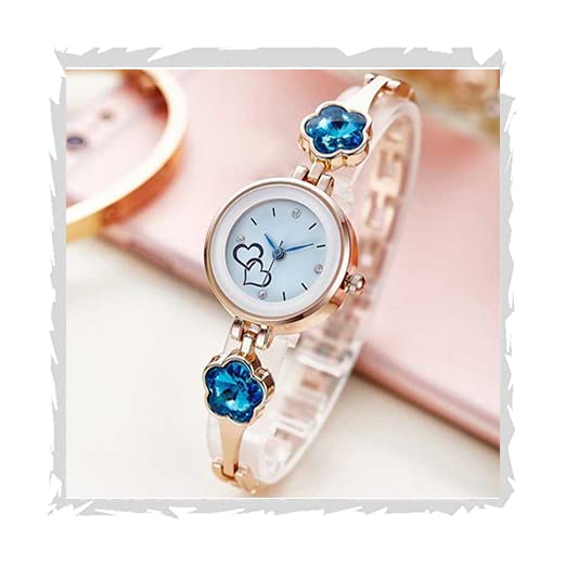 Acnos Stainless Steel Premium For Women White Dial Rose Gold Skyblue Flower Stone Studded Strap Bracelet Watch Gift Analog Watch Pack Of 1 - Image 1