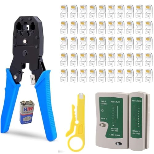Inditrust RJ45 Crimping Tool Kit – Network Cable Crimper with 50pcs Connectors, LAN Cable Tester, Cable Cutter & Battery – Cat5/Cat5e - Image 1