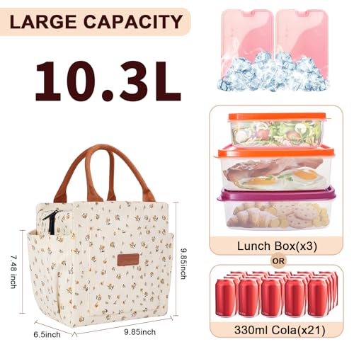 Joymee Lunch Bag Women Insulated Lunch Box Cute Corduroy Reusable Leakproof Large Capacity Lunch Tote Bag for Women Men Adult with Bottle Holder and Side Pockets for Work - Corduroy Yellow-Floral - Image 2