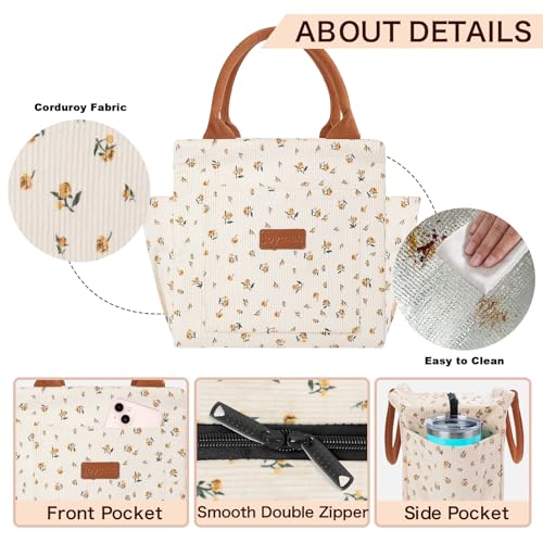 Joymee Lunch Bag Women Insulated Lunch Box Cute Corduroy Reusable Leakproof Large Capacity Lunch Tote Bag for Women Men Adult with Bottle Holder and Side Pockets for Work - Corduroy Yellow-Floral - Image 5