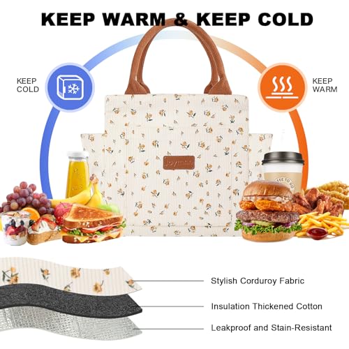 Joymee Lunch Bag Women Insulated Lunch Box Cute Corduroy Reusable Leakproof Large Capacity Lunch Tote Bag for Women Men Adult with Bottle Holder and Side Pockets for Work - Corduroy Yellow-Floral - Image 3