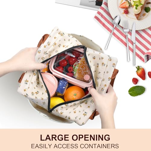 Joymee Lunch Bag Women Insulated Lunch Box Cute Corduroy Reusable Leakproof Large Capacity Lunch Tote Bag for Women Men Adult with Bottle Holder and Side Pockets for Work - Corduroy Yellow-Floral - Image 4