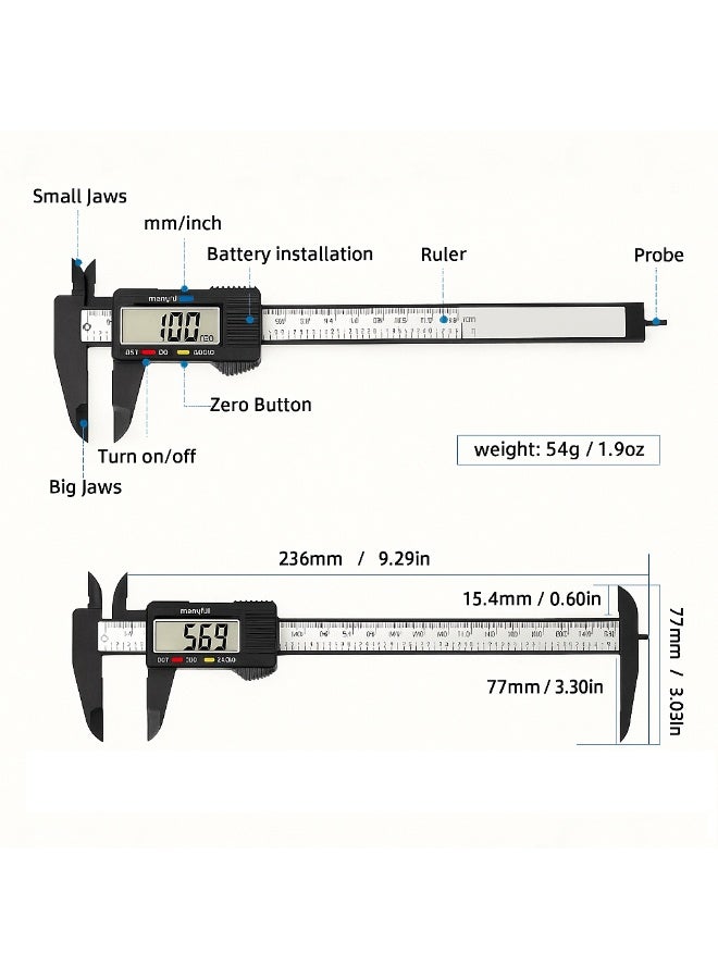 Plastic Electronic Digital Caliper 150mm / 6 Inch – LCD Display, Metric & Inch Measuring Tool, Carbon Fiber Vernier Gauge - Image 2