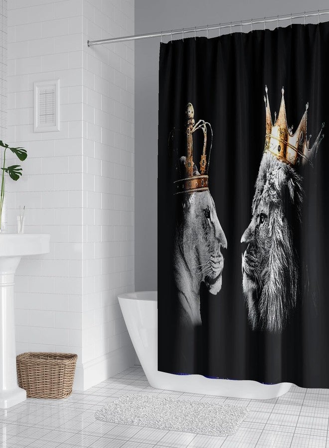 RinRinfam 4Pcs Wild Lion Shower Curtain Set, Crown African Leo Tiger Couple Curtain with Non-Slip Rug,Toilet Lid Cover,U Shape Mat,Waterproof Shower Curtain with 12 Hooks Bathroom Decor Sets,Black - Image 2