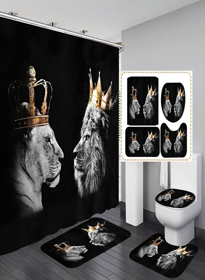 RinRinfam 4Pcs Wild Lion Shower Curtain Set, Crown African Leo Tiger Couple Curtain with Non-Slip Rug,Toilet Lid Cover,U Shape Mat,Waterproof Shower Curtain with 12 Hooks Bathroom Decor Sets,Black - Image 1