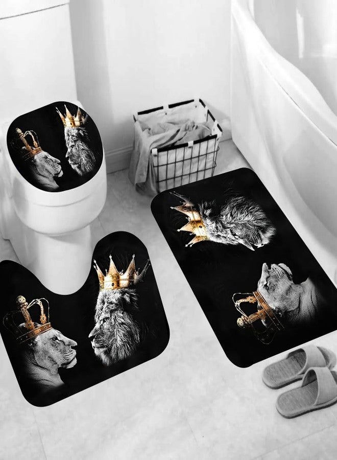 RinRinfam 4Pcs Wild Lion Shower Curtain Set, Crown African Leo Tiger Couple Curtain with Non-Slip Rug,Toilet Lid Cover,U Shape Mat,Waterproof Shower Curtain with 12 Hooks Bathroom Decor Sets,Black - Image 3