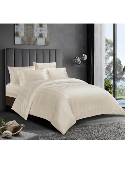 Donetella Hotel Style Bedding Comforter Set 7-Pcs Double Size, All Season Stylish Italian Varigated Stripe Design Set, Made With Brushed Microfiber & Soft Down Alternative Filling,French Oak