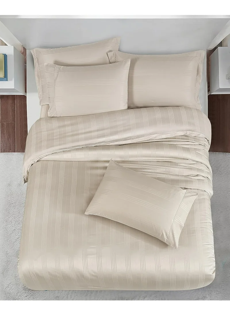 Donetella Hotel Style Bedding Comforter Set 7-Pcs Double Size, All Season Stylish Italian Varigated Stripe Design Set, Made With Brushed Microfiber & Soft Down Alternative Filling,French Oak