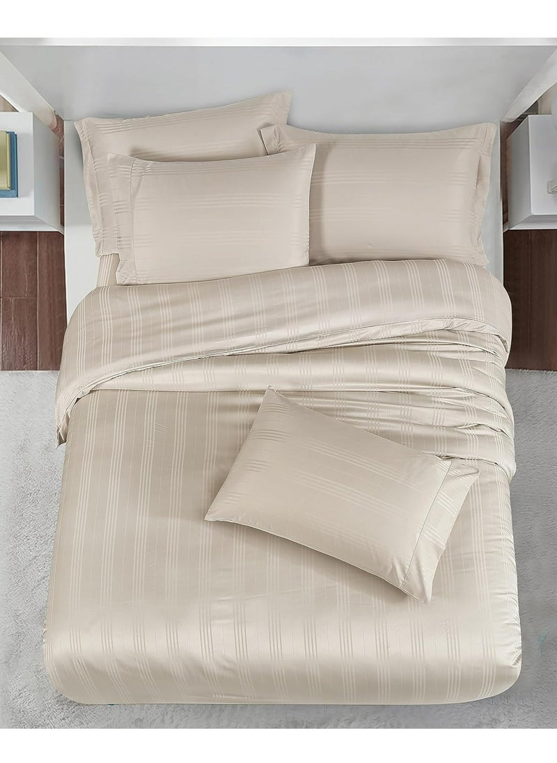 Donetella - Hotel Style Bedding Comforter Set 7-Pcs Double Size, All Season Stylish Italian Varigated Stripe Design Set, Made With Brushed Microfiber & Soft Down Alternative Filling,French Oak - Image 1