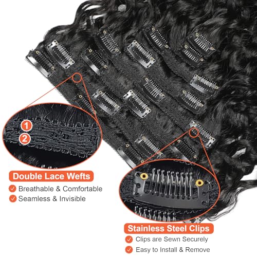 Doren Deep Curly Clip In Human Hair Extensions for Women 8Pcs 20Clips 120g Brazilian Remy Hair Water Wave Clip Ins Natural Black 24 Inches - Image 4